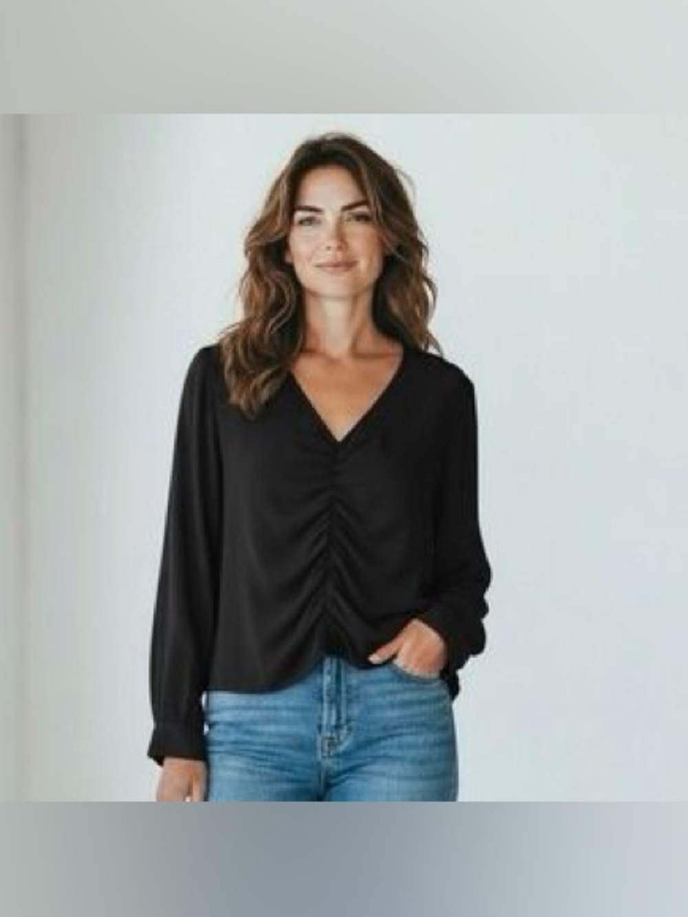 Iris setlakwe V-Neck Ruched Front Long-Sleeve Top deep blue navy scandi chic 10